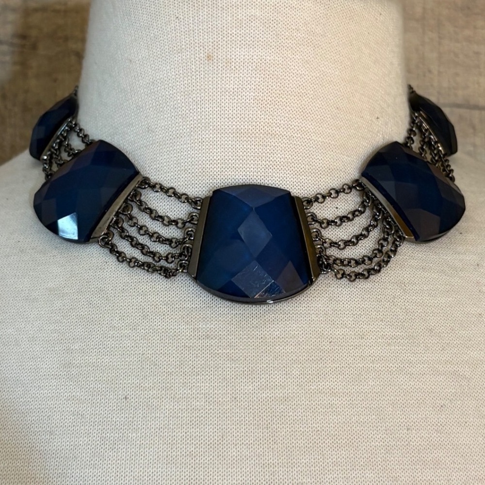 Navy Blue Faceted Stone Bib Necklace Gunmetal Multi Strand Statement Choker
